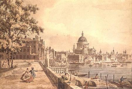 A copy of part of a drawing by Canaletto, of St. Paul's Cathedral from the Terrace of Somerset House van William James