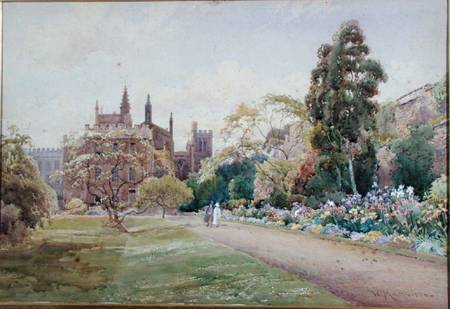 The long walk and flower border in May - New College, Oxford van William Matthison