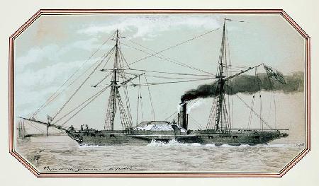 A paddle driven steam warship (pencil and wash, heightened with white)