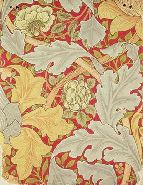 Acanthus leaves and wild rose on a crimson background, wallpaper design