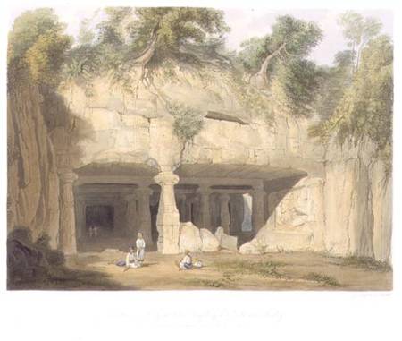 Exterior of the Great Cave Temple of Elephanta, near Bombay, in 1803, from Volume II of 'Scenery, Co van William Westall
