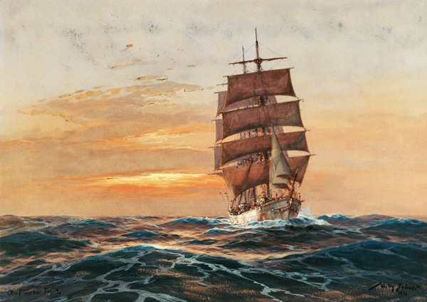 Vollschiff vor untergehende Sonne van Willy Stöwer