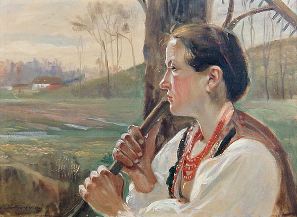 Girl with Rake, c.1914 (oil on board)  van Wincenty Wodzinowsky