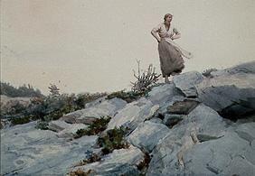 Junge Frau auf Felsen stehend.