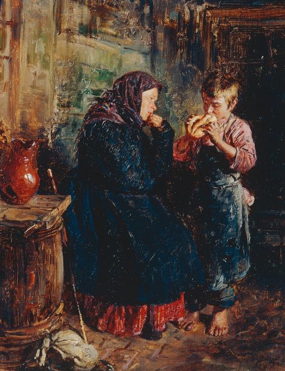 Old woman and boy eating bread van Wladimir Jegorowitsch Makowski