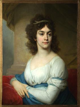 Portrait of an Unknown Woman in white gown with blue ribbon