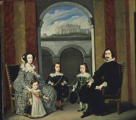 Francesco Tapia, Conte del Vasto, with his Family seated in an interior of the Palazzo Tapia with a van Wolfgang Heimbach