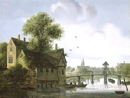 A Town on a river with a bridge van Wouter Knyff