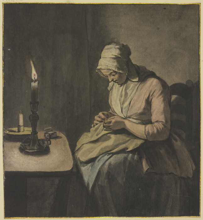 Frau im Kerzenschein bei der Handarbeit van Wybrand Hendriks