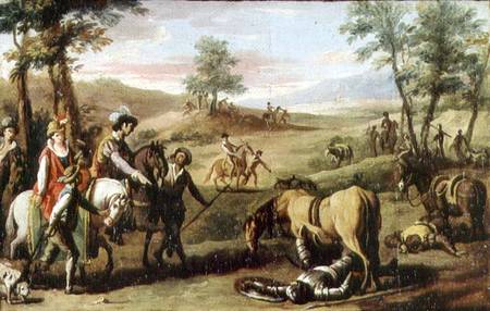 Don Quixote falls from his horse in front of the Dukes (pair of 82436) van Zacarias Gonzalez Velazquez
