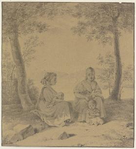 Zwei Bäuerinnen mit ihren Kindern unter Bäumen sitzend
