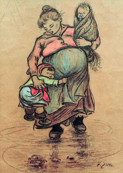 H.Zille, Mutter mit zwei Kindern van Heinrich Zille